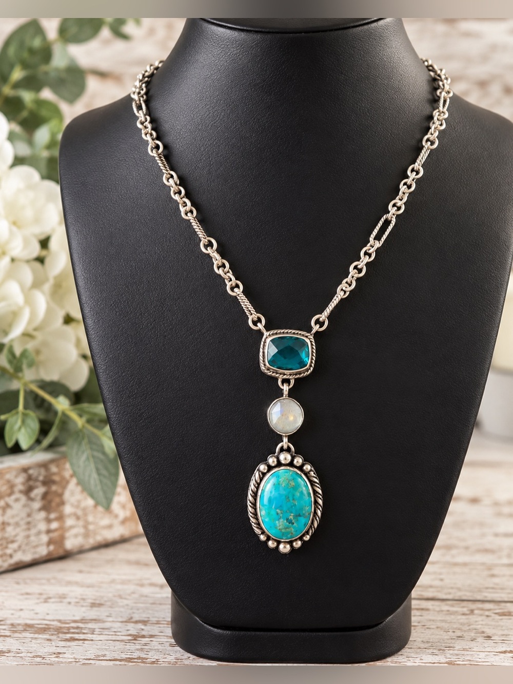 Lori Bonn Rare Vintage Sterling Silver Turquoise Multi Gemstone Necklace